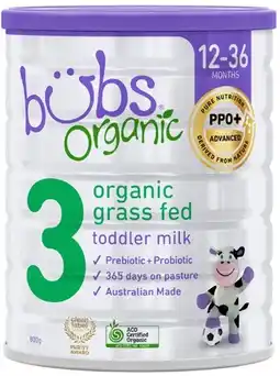 Coles Bubs Organic Grass Fed Stage 3 Toddler Milk Drink 800g offer