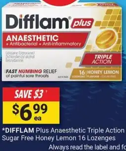 Cincotta Chemist DIFFLAM Plus Anaesthetic Triple Action Sugar Free Honey Lemon 16 Lozenges offer