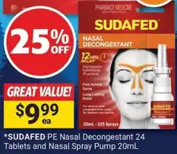 Cincotta Chemist SUDAFED PE Nasal Decongestant 24 Tablets and Nasal Spray Pump 20mL offer
