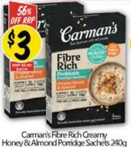 NQR Carman's Fibre Rich Creamy Honey & Almond Porridge Sachets 240g offer