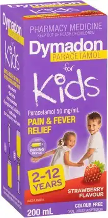 Discount Drug Stores Dymadon Paracetamol For Kids 2-12 Years Colour Free Strawberry Flavour 200mL offer