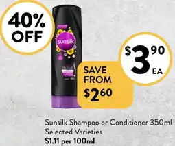 Foodworks Sunsilk Shampoo or Conditioner 350ml Selected Varieties offer