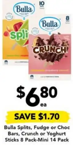 Drakes Bulla Splits, Fudge or Choc Bars, Crunch or Yoghurt Sticks 8 Pack-Mini 14 Pack offer