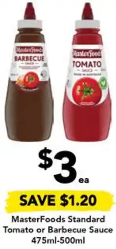 MasterFoods Standard Tomato or Barbecue Sauce 475ml-500ml