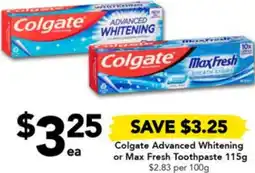 Drakes Colgate Advanced Whitening or Max Fresh Toothpaste 115g offer
