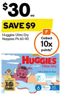 Woolworths Huggies Ultra Dry Nappies Pk 60-90 offer