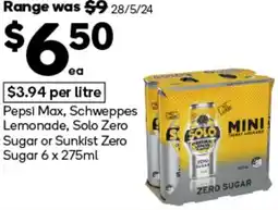 Woolworths Pepsi Max, Schweppes Lemonade, Solo Zero Sugar or Sunkist Zero Sugar 6 x 275ml offer