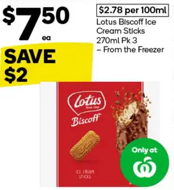 Woolworths Lotus Biscoff Ice Cream Sticks 270ml Pk 3 offer