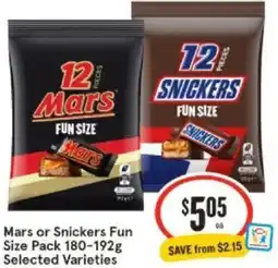 IGA Mars or Snickers Fun Size Pack 180-192g offer