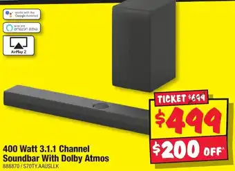 JB Hi-Fi 400 Watt 3.1.1 Channel Soundbar With Dolby Atmos offer