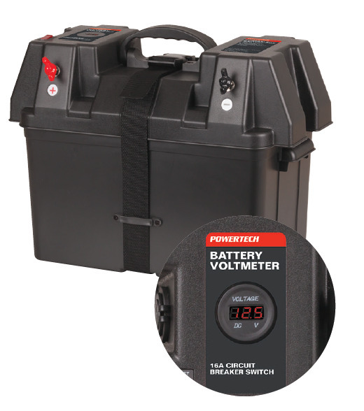 Battery boxes with voltmeter & usb charge standard offer at Jaycar