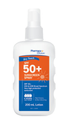 Chempro Pharmacy choice dry touch sunscreen spray spf 50+ 200ml offer