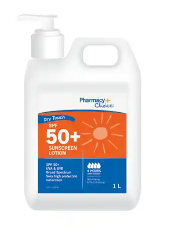 Pharmacy choice dry touch sunscreen pump spf 50+ 1 litre