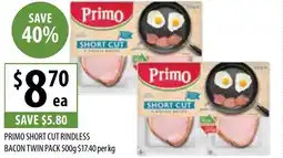 Supabarn PRIMO SHORT CUT RINDLESS BACON TWIN PACK 500g offer