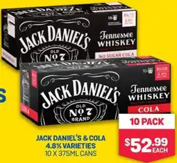 SipnSave JACK DANIEL'S & COLA 4.8% VARIETIES 10 X 375ML CANS offer