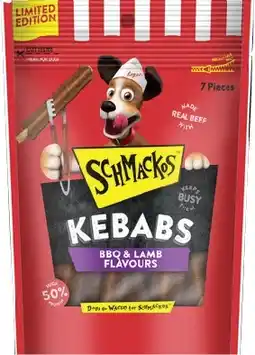 IGA Schmackos Dog Treats BBQ Flavoured Kebabs or Strips 70‑90g offer