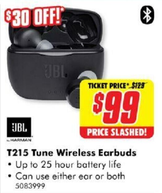 The Good Guys JBL T215 Tune Wireless Earbuds offer