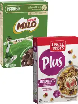 Coles Nestlé Milo Cereal 350g or Uncle Tobys Plus 410g-435g offer