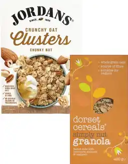 Coles Jordans Granola or Oat Clusters 500g-750g or Dorset Granola or Muesli 450g offer