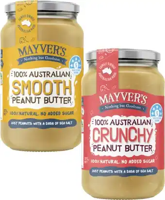 Coles Mayver's Smooth or Crunchy Peanut Butter 375g offer