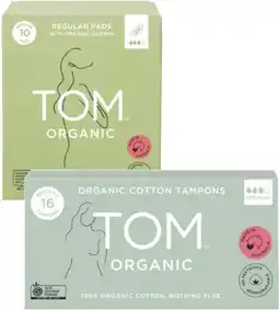 Coles Tom Organic Regular Tampons 16 Pack or Regular Pads 10 Pack offer