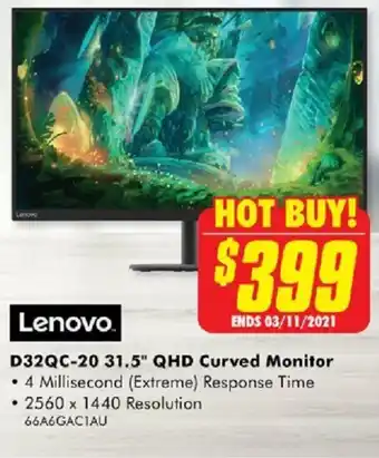 The Good Guys Lenovo D32QC-20 31.5" QHD Curved Monitor offer