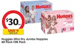 Coles Huggies Ultra Dry Jumbo Nappies 60 Pack-108 Pack offer