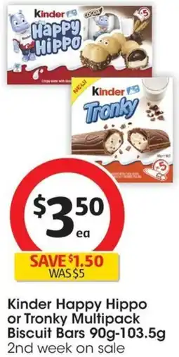 Coles Kinder Happy Hippo or Tronky Multipack Biscuit Bars 90g-103.5g offer