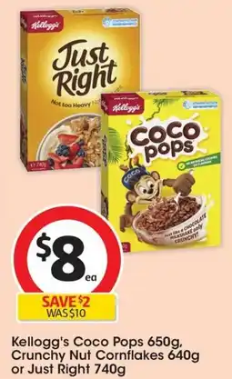 Coles Kellogg's Coco Pops 650g, Crunchy Nut Cornflakes 640g or Just Right 740g offer