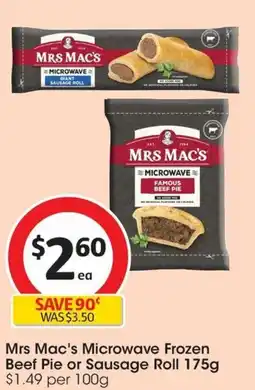 Coles Mrs Mac's Microwave Frozen Beef Pie or Sausage Roll 175g offer