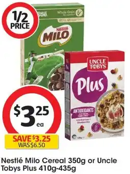 Coles Nestlé Milo Cereal 350g or Uncle Tobys Plus 410g-435g offer