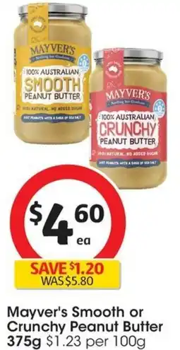Coles Mayver's Smooth or Crunchy Peanut Butter 375g offer