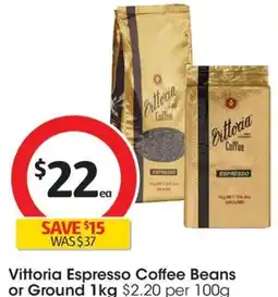 Coles Vittoria Espresso Coffee Beans or Ground 1kg offer