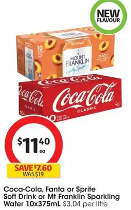 Coles Coca-Cola, Fanta or Sprite Soft Drink or Mt Franklin Sparkling Water 10x375mL offer