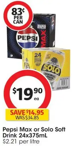 Coles Pepsi Max or Solo Soft Drink 24x375mL offer