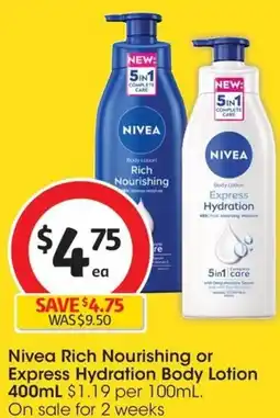 Coles Nivea Rich Nourishing or Express Hydration Body Lotion 400mL offer