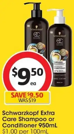Coles Schwarzkopf Extra Care Shampoo or Conditioner 950mL offer
