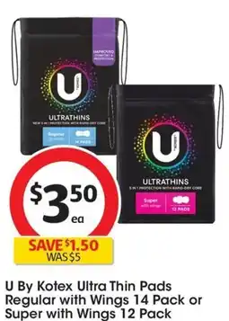 Coles U By Kotex Ultra Thin Pads Regular with Wings 14 Pack or Super with Wings 12 Pack offer