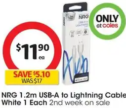 Coles NRG 1.2m USB-A to Lightning Cable White 1 Each offer