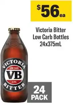 Coles Victoria Bitter Low Carb Bottles 24x375mL offer