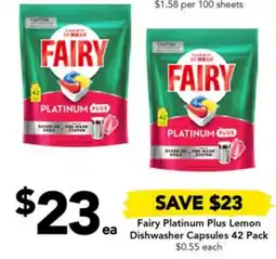 Drakes Fairy Platinum Plus Lemon Dishwasher Capsules 42 Pack offer