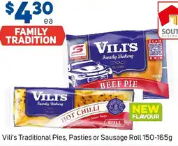 Foodland Vili's Traditional Pies, Pasties or Sausage Roll 150-165g offer