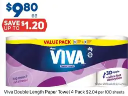 Foodland Viva Double Length Paper Towel 4 Pack offer