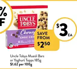 Foodworks Uncle Tobys Muesli Bars or Yoghurt Topps 185g offer