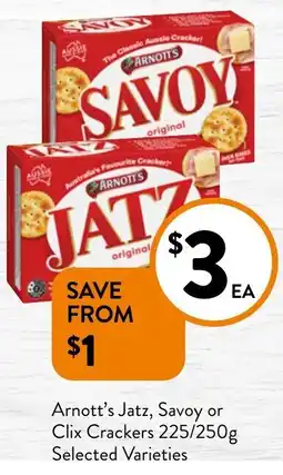Foodworks Arnott's Jatz Savoy or Clix Crackers 225/250g Selected Varieties offer