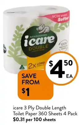 Foodworks icare 3 Ply Double Length Toilet Paper 360 Sheets 4 Pack offer