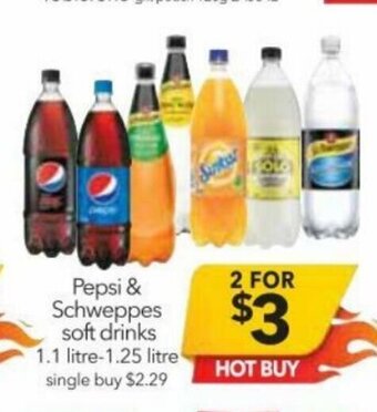 Cheap as Chips Pepsi & Schweppes Soft Drinks 1.1 Litre - 1.25 Litre offer