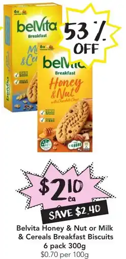 Drakes Belvita Honey & Nut or Milk & Cereals Breakfast Biscuits 6 pack 300g offer