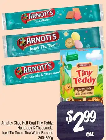 Farmer Jack's Arnott's Choc Half Coat Tiny Teddy, Hundreds & Thousands, Iced Tic Toc or Tina Wafer Biscuits offer