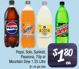 Farmer Jack's Pepsi, Solo, Sunkist, Passiona, 7Up or Mountain Dew 1.25 Litre offer